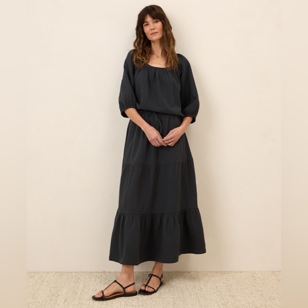 Pact 100% Organic Cotton Coastal Gauze Tiered Maxi Skirt in Washed Black